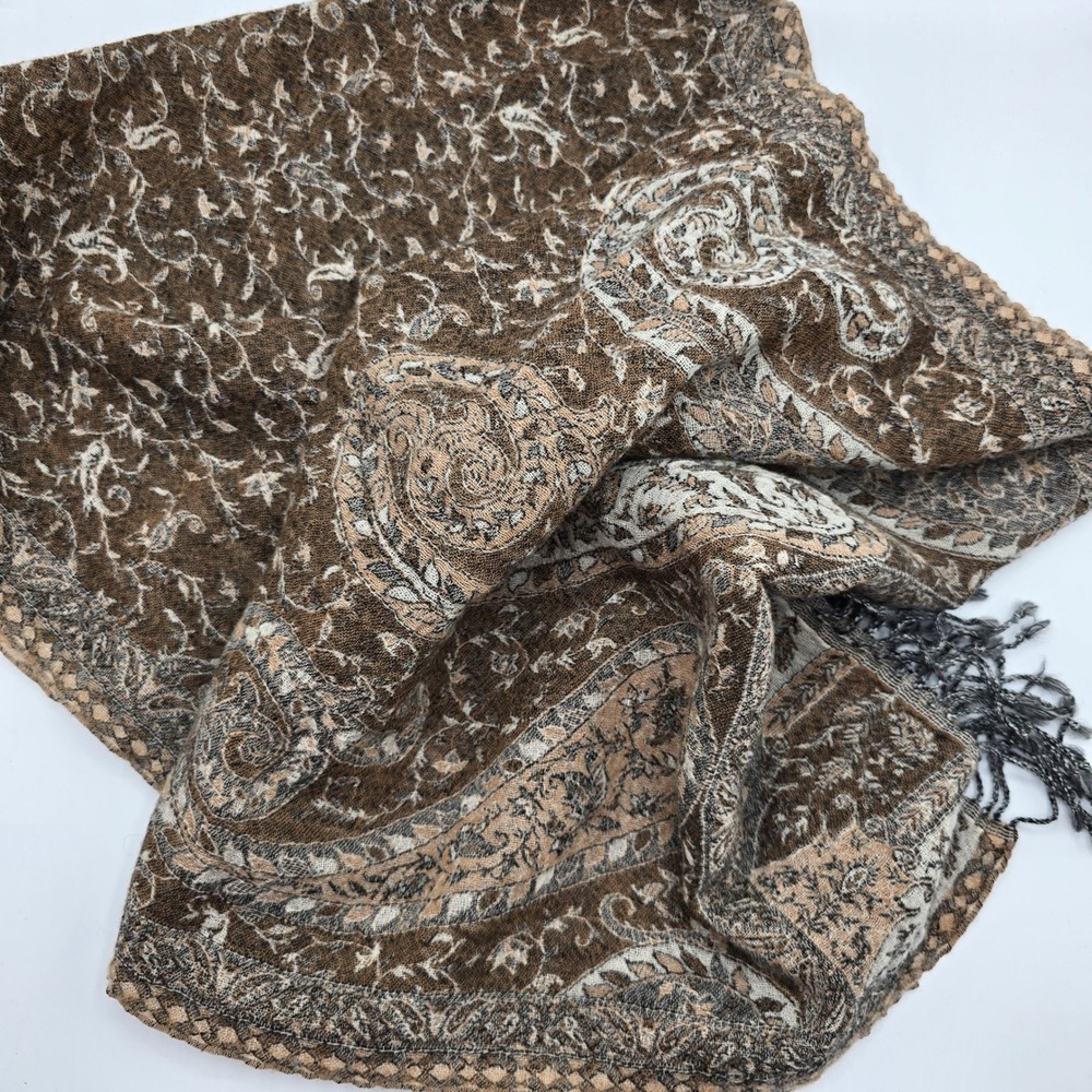 NOVIA Brown‎ Paisley Wool Scarf Shawl Wrap Fringe Made in India
